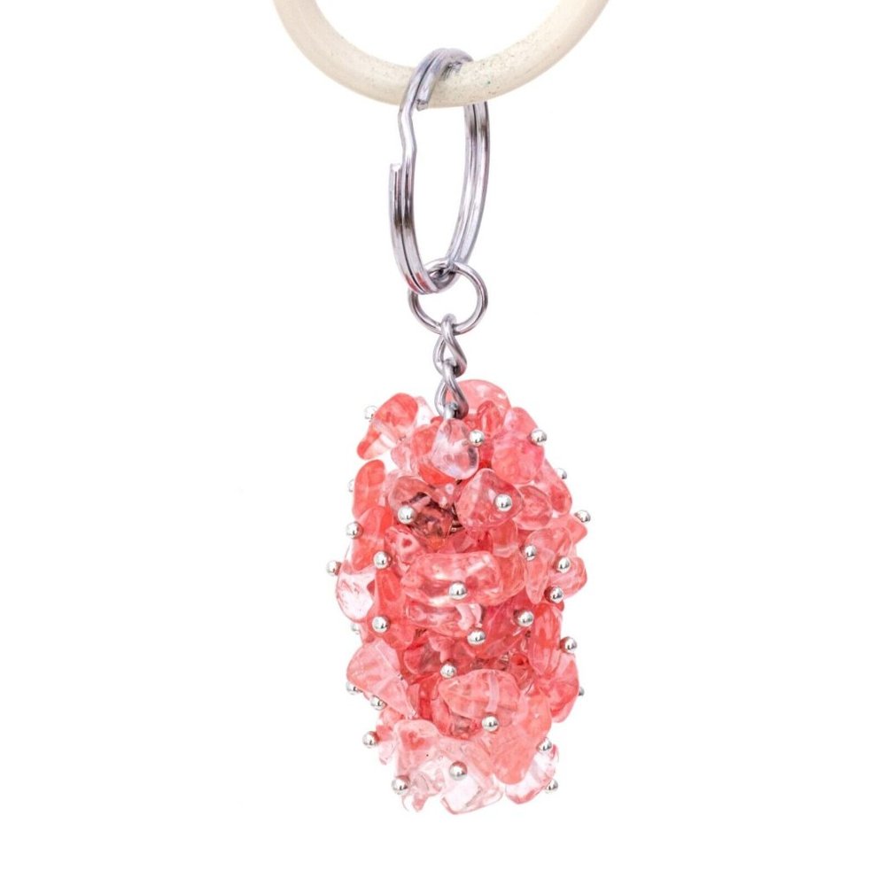 Polished Strawberry Quartz Gemstone Chip Cluster Keychain Crystals Metaphysical